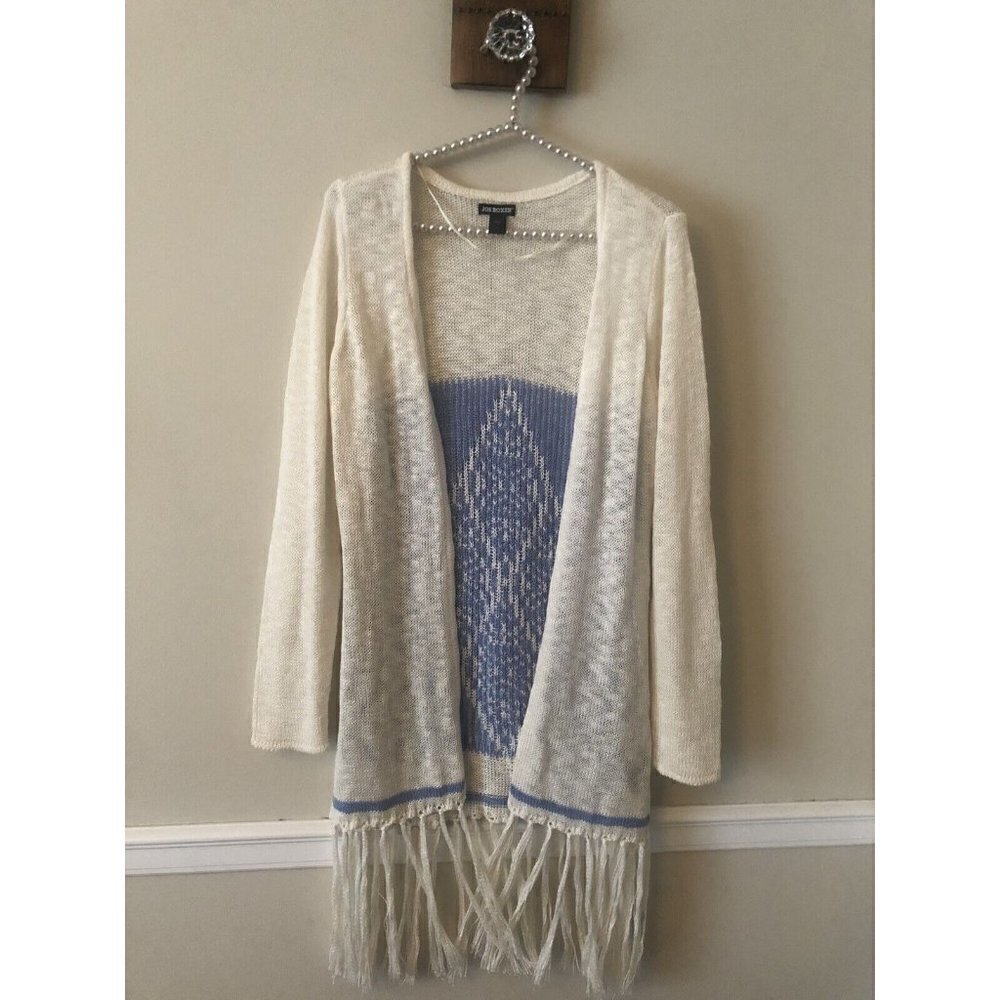 Joe Boxer Juniors Size Medium Cream Blue Fringed Sweater Long Sleeve Lightweight